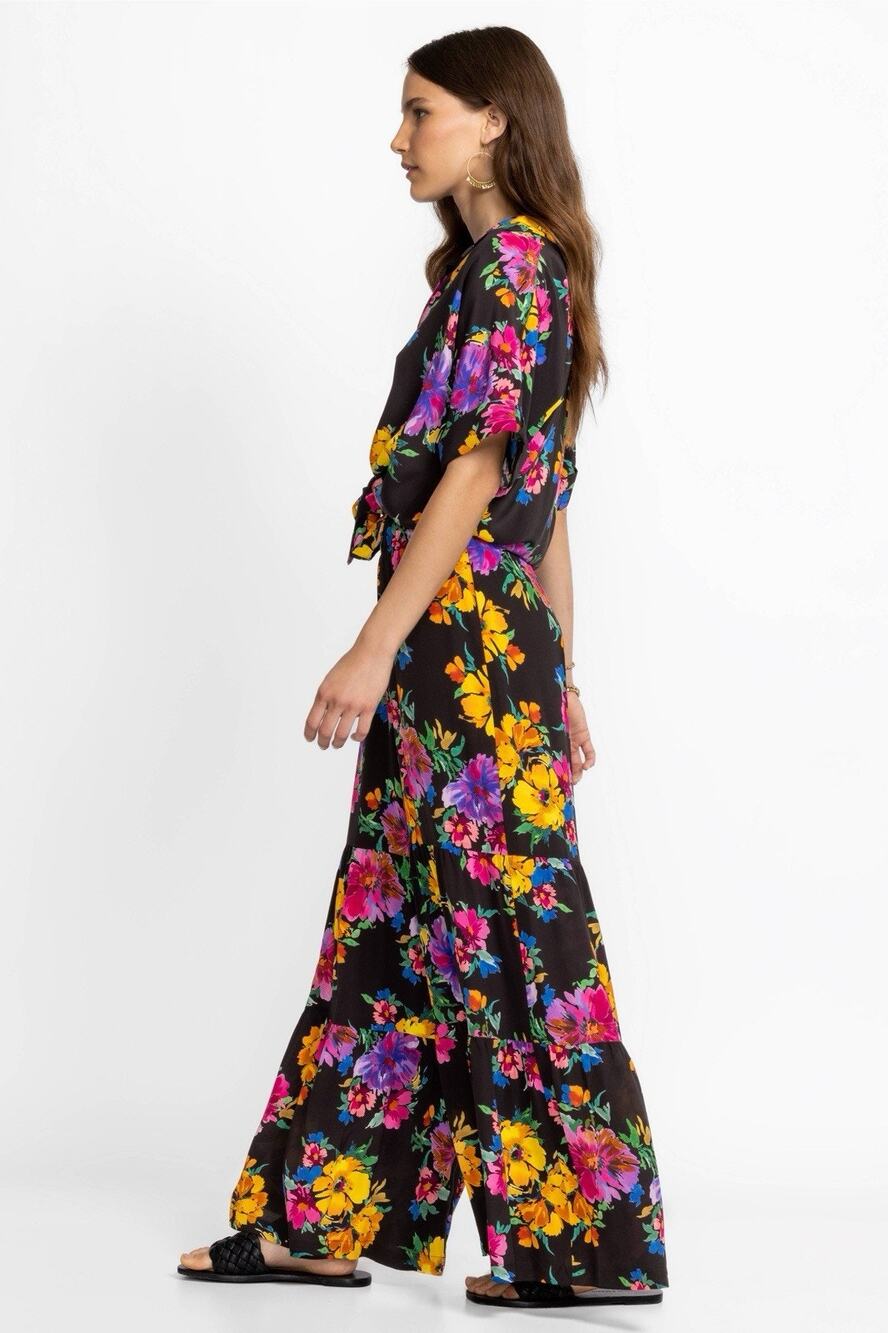 Johnny Was Love Poppy Silk Tiered Floral Wide Leg Flared Pants Boho Chic Small